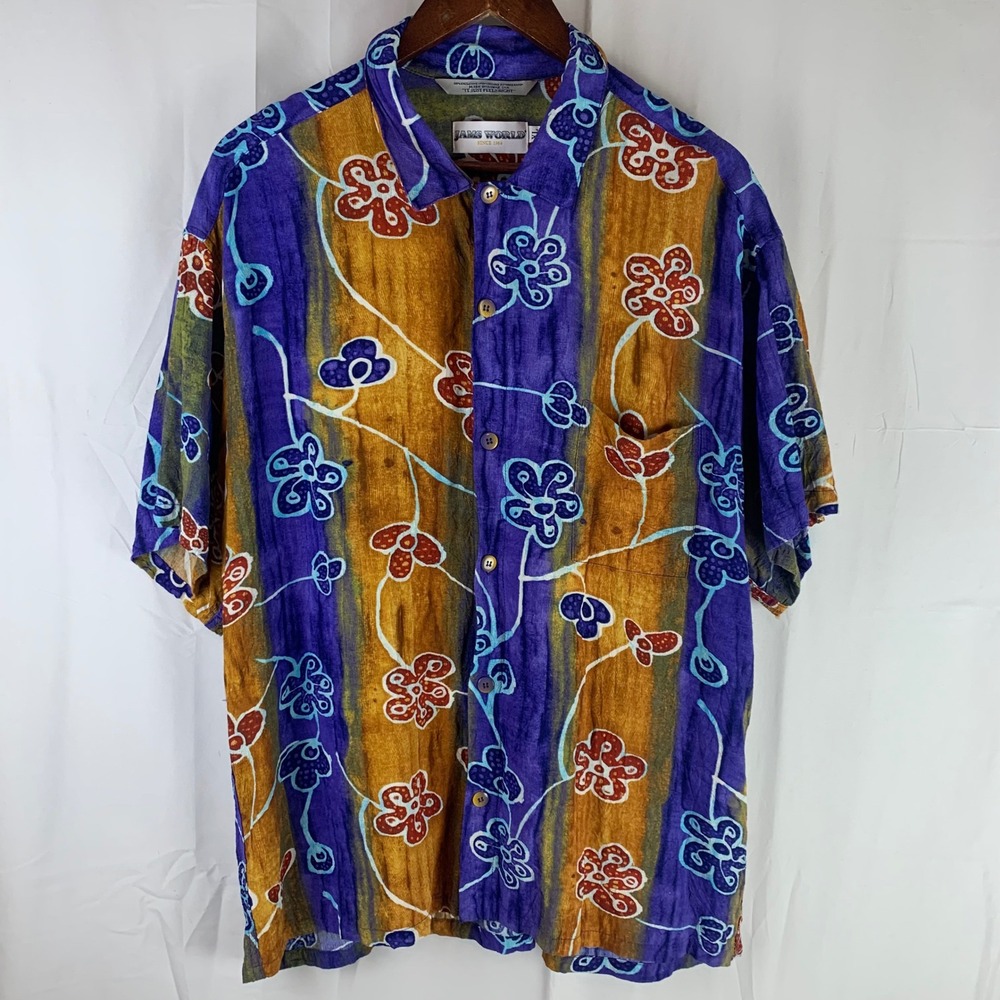 Jams World Button Down Shirt Mens‎ XL Purple Yellow Floral Charms Made in Hawaii